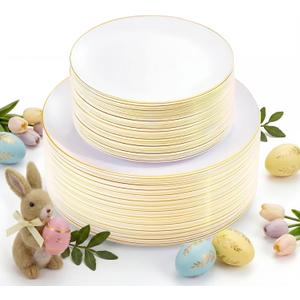 KIRE 100PCS Disposable Plates - White with Gold Rim for Easter/Wedding/Spring Party- Includes 50Pieces 10.25inch Dinner and 50Pieces 7.5inch Dessert/Salad Plates