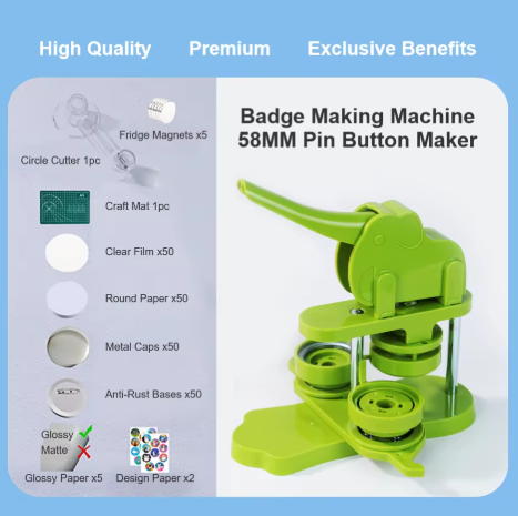 Badge Pin Button Maker Machine 58mm Magnetic Badge Set with 50Pcs Button Parts+Circle Cutter, Badge Press Maker Machine, Color: Green 58MM Set