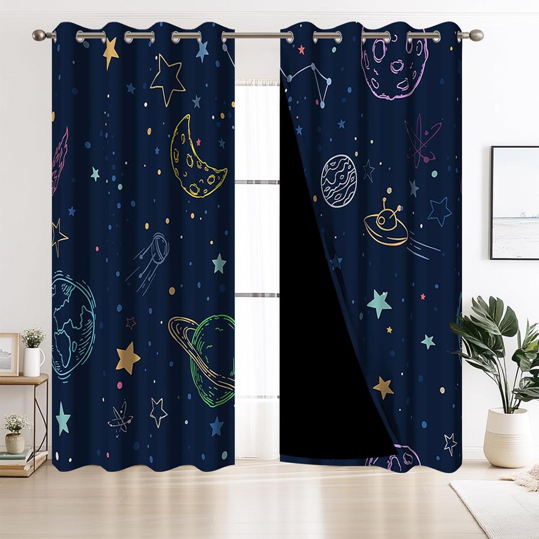 Drawing Universe Blackout Curtains, Starry Sky Planet Moon Window Drapes for Boys Bedroom Decor, Cartoon Curtain Panel with Thermal Insulated Grommet,2 Panels,Each W21 xL63