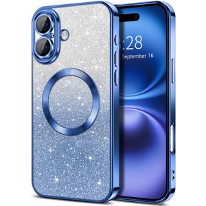 Hython for iPhone 16 Case Clear Magnetic Glitter Phone Cases [Compatible with MagSafe] Full Camera Lens Protector Slim Gradient Sparkle Luxury Plating Shockproof Protective Cover Women, Deep Blue