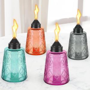 Table Top Torches for Outside 4 Pack, Multi-Color Glass Citronella Torches Outdoor with Wicks & Cap, 12 oz Refillable Outdoor Torch Canisters Lanterns for Yard Garden Dcor,Party,Patio,Landscape