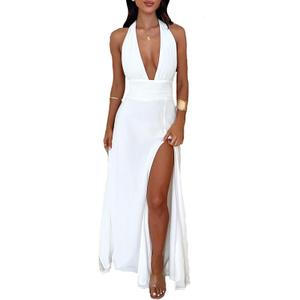 Womens Sexy Halter Deep V Neck High Side Split Long Maxi Dress (White), M