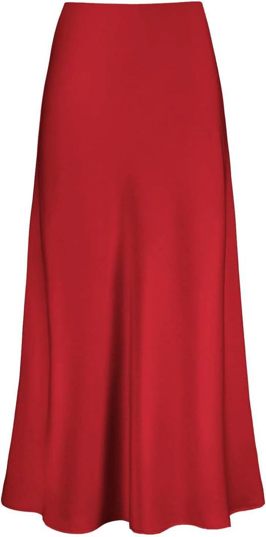 Outoshe Women's Satin High Waisted Maxi Skirts Hidden Elasticized Waistband A Line Long Skirt Red (Red, S)