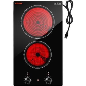 VEVOR Electric Cooktop 12in 2 Burners Portable Stove Top 1800W 120V Plug In, Ceramic Countertop/Built-in Radiant Electric Stove, with 11 Power Levels, Over-Heat Guard, Knob Control