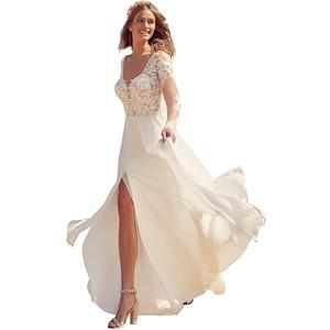 Dexinyuan Lace Boho Wedding Dress for Bride 2025 Chiffon Long Sleeve Bohemian Beach Bridal Gowns with Slit 14