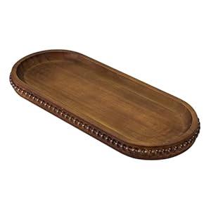 MAONAME Oval Bathroom Vanity Tray, Long Narrow Wood Tray, Rustic Decorative Tray with Beaded, Farmhouse Toilet Tank Trays for Dresser, 12" x 4.7"