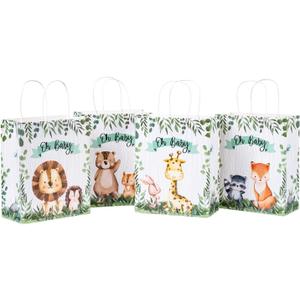 WRAPAHOLIC 12 Pack Medium Baby Kraft Paper Gift Bags - 8" x 4" x 10" - Adorable Animal and Oh Baby lettering Design for Baby Shower, Holiday, Party Gift Wrap