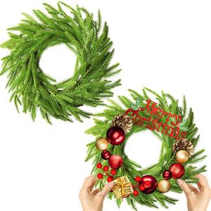 2 Pcs Christmas DIY Gree Wreath 10 Inch Green Artificial Wreaths DIY Faux Plain Wreaths Front Door Green Farmhouse Cabinets Wreath Indoor Outdoor Wall Decor(Norfolk Pine)