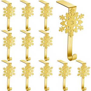 Lounsweer 12 Pieces Snowflake Christmas Stocking Holders Gold Metal Mantel Stockings Hangers Stand Christmas Ornament Hooks Metal Fireplace Clips for Xmas