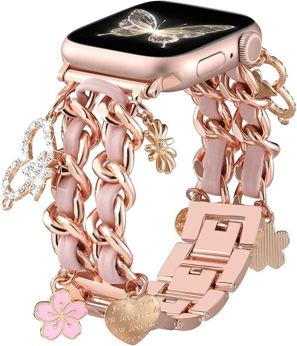 Stylish Metal Band Compatible with Apple Watch Bands for Women 44mm 45mm 46mm, 49mm, 42mm (series 3), Pretty Chain Strap with Apple Watch Accessories Charms for iWatch Series 11 10 9 8 7 6 5 4 3 2 1 SE