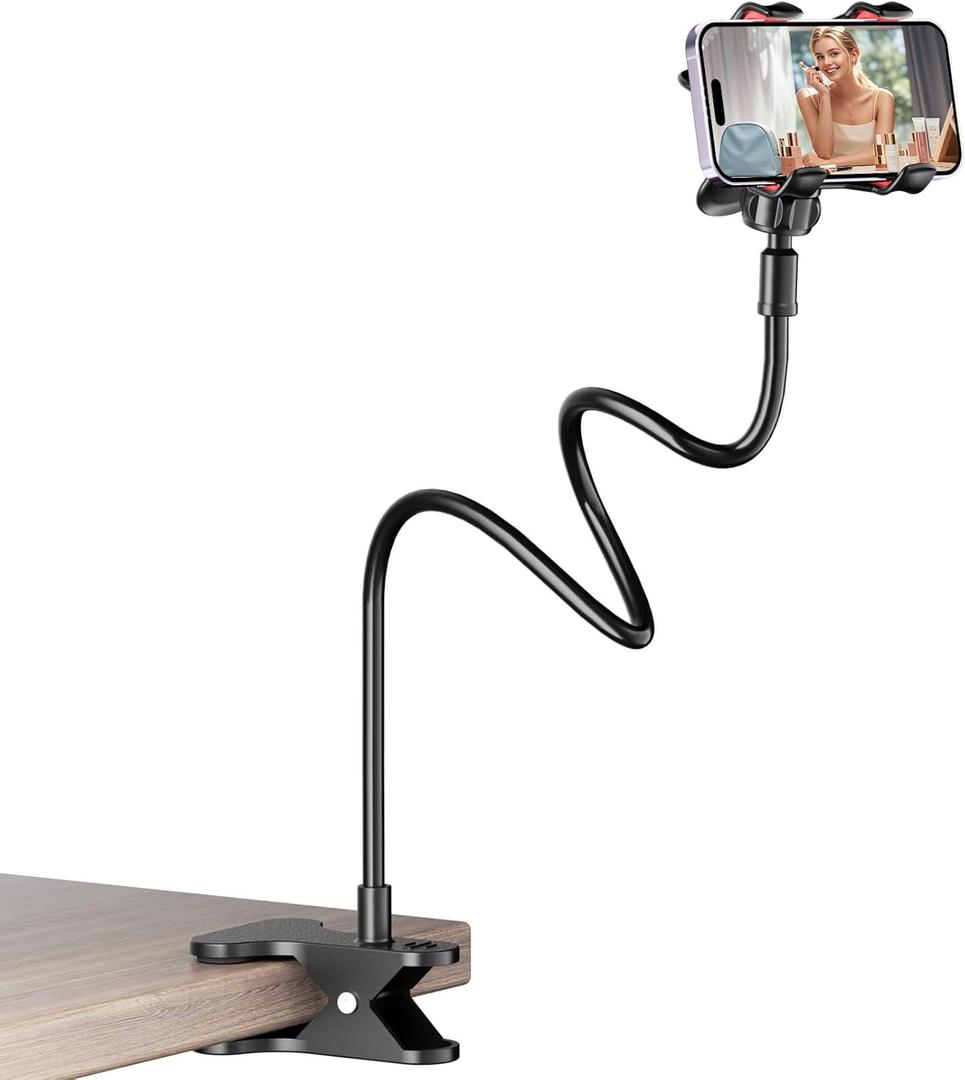 Cell Phone Stand Holder for Bed Laying Down, Lazy Bracket, Gooseneck Phone Mount with Clamp Clip for Desk, Desk Tripod for iPhone, Compatible with iPhone 16/15/14/Pro Max Samsung Galaxy, Google Pixel