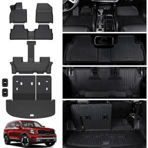 Floor Mats for 2020-2025 Kia Telluride 7/8 Passengers, Cargo Mat with Backrest Mat All Weather TPE Waterproof Cargo Liners for 2024 2025 Kia Telluride EX SX Accessories (Floor Mats and Cargo Trunk Liner Set)