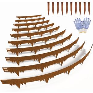 Metal Landscape Edging Border 10 Packs 42'' L x 4.5'' H, Pre-Rusted Steel Garden Edging Border with 10 Stakes, Hammer-in Lawn Edging for Landscaping, Flower Bed, Yard, Pathway, Tree Ring (35ft Total)