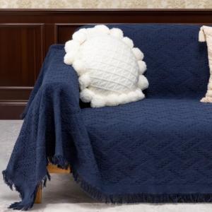 Decorative Sofa Protection Couch Covers, 91"x134"Navy Blue | For 3 Cushion Couch, Sectional Cover Washable, Geometrical Jacquard, Futon Covers Protector with Tassels