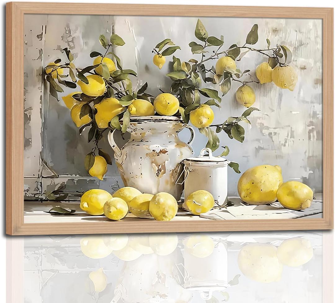 Framed Lemon Kitchen Wall Art Vintage Mustard French's Yellow Lemon Kitchen Rustic Oil Canvas Paintings Posters Prints for Dining Living Room Bedroom Preparing to hang 16x24in