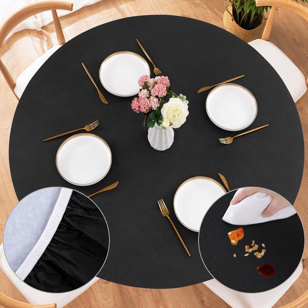 UMINEUX Round Fitted Vinyl Tablecloth with Elastic Edged & Flannel Backing, Waterproof Wipeable Round Table Cover for Indoor Patio Use - Fits Tables up to 40"-44" Diameter(Black)