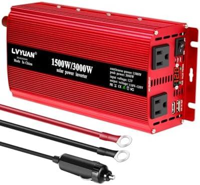 LVYUAN 1500W Inverter Car Power Inverter 12V to 110V for Vehicles with LED Display, US Outlets, USB Ports for Camping Outdoor Car Yacht RV (Red)