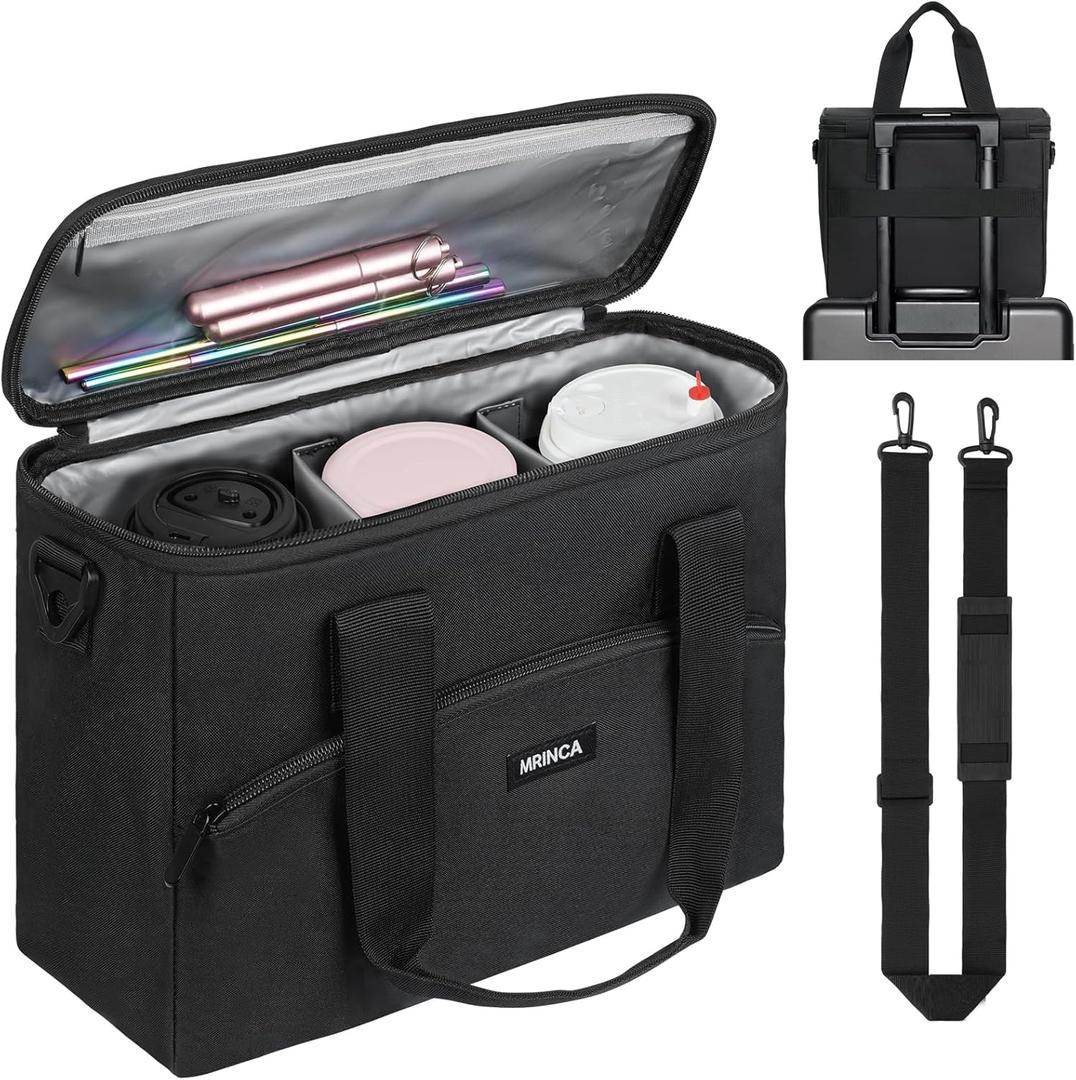 Reusable 3-Cup Drink Carrier for Delivery  Insulated, Collapsible & No-Spill Beverage Bag with Handle, Shoulder & Luggage Strap, Adjustable Divider & Reinforced Bottom for Travel, Car, Takeout