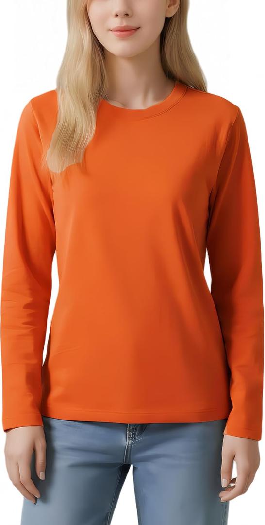 Women's Long Sleeve Crew Neck Cotton T-Shirt Soft Comfort Regular Fit Tee Versatile Casual Layering Essential (Orange, S)