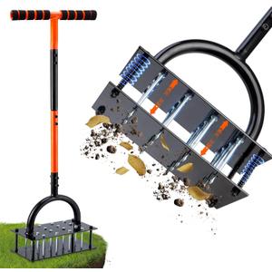 Bluesea Lawn Aerator Tool - 16 Iron Spikes with Ergonomic T-Handle, Automatic Dirt Clean for Soil Loosening & Yard Aeration, Manual Metal Grass Aerator (Orange)