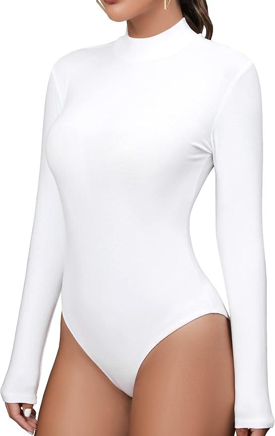 MANGDIUP Bodysuit for Women Mock Turtle Neck Long Sleeve Tops Slim Fit Basic Stretch Soft Bodysuit Jumpsuit