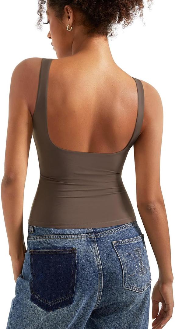 SUUKSESS Women Padded Open Back Boat Neck Tank Tops Double Lined Basic Shirts (Medium, Brown)