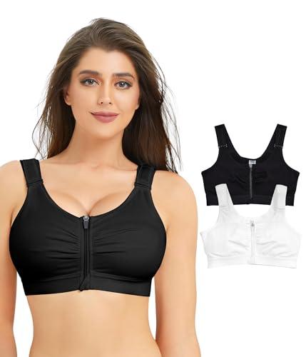 BRABIC Zip Front Closure Everyday Bra for Women Post Surgery Compression Support with Adjustable Straps Wirefree (Medium, Black + White Two Pack)