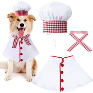 3 Pcs Dog Chef Costume Set Includes Dog Chef Hat Clothes with Red and White Plaid Scarf Funny Holiday Clothes Outfit Valentine's Photo Booth for Small Medium Large Dogs Pets(Small)