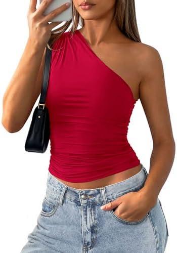 PRETTYGARDEN Womens Sleeveless One Shoulder Tank Top Ruched Slim Fit Shirts Basic Crop Y2k Tops 2026 Spring Fashion Clothing XL