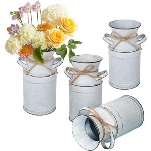 Pack of 4 Metal Flower Vase, Galvanized Metal Milk Can, French Rustic Milk Jug Planter, Farmhouse Decorative Flower Vase, Farmhouse Metal Vases for Home, Fireplace, Cabinet, Bathroom Decor