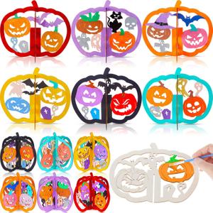 24 Pcs Halloween Wooden Crafts Kits Pumpkin DIY Unfinished Pumpkin Pieces 3D Coloring Blank Wood Cutouts Freestanding for Table Decorations Classroom Arts Party(7.87" X 6.69",Whimsical)