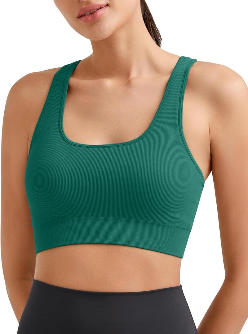 Promover Padded Sports Bras for Women Y-Back Racerback Seamless Medium Supportive Ribbed Yoga Cami Bra (Green, L)
