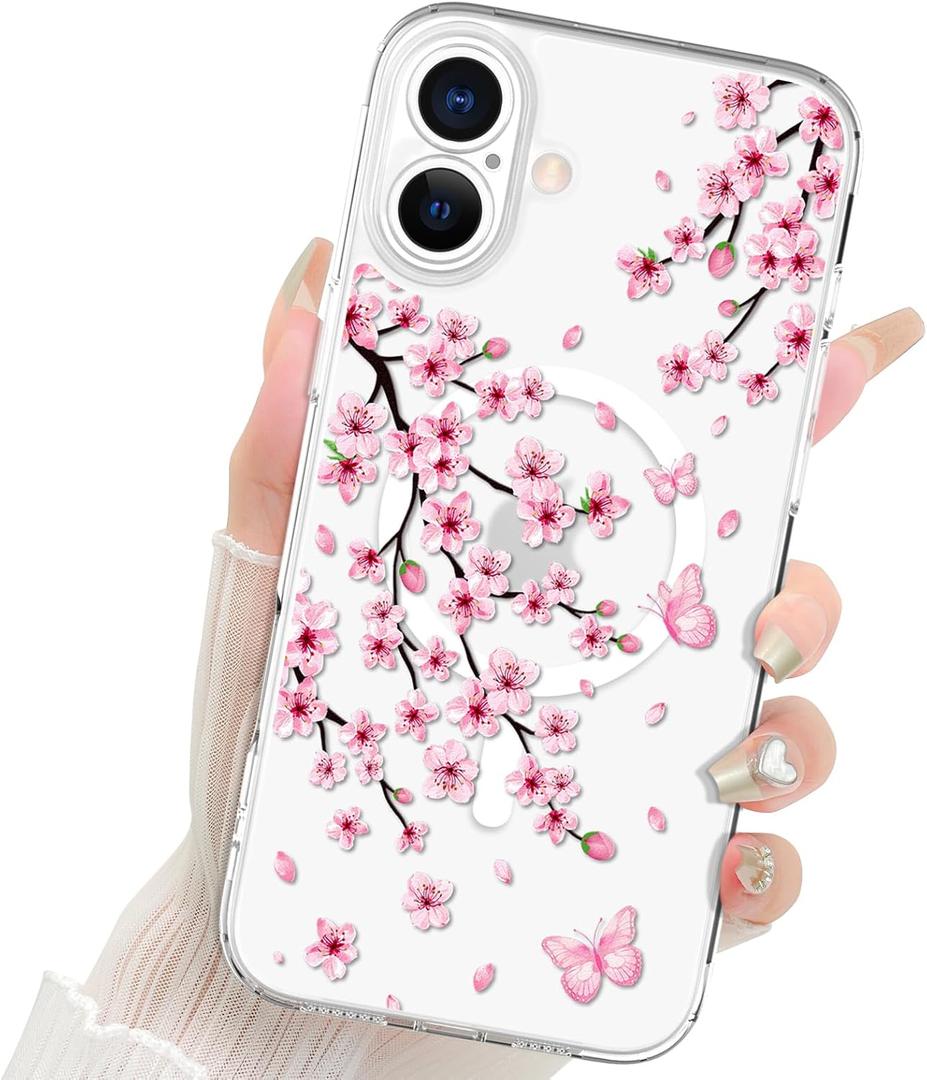 Fiyart Designed for iPhone 16 Plus Case Flowers Design Compatible with MagSafe Wireless Charging,Cute Clear Pink Floral Sakuras Anti-Scratch Phone Cover for Women Girls 6.7"-Transparent