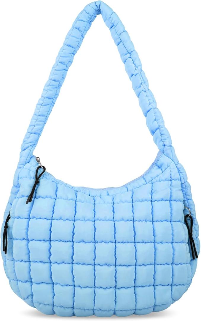 Quilted Puffer Tote Bag for Women - Large Crossbody Bag, Lightweight Nylon Puffy Carryall Hobo Puff Shoulder Bag (Blue)