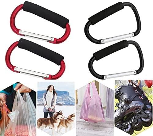 4 Pack Grocery Bag Shopping Bag Holder Handle Carrier Tool Baby Stroller Hook Stroller Organizer Hook Clips Multi Purpose Snap Hook Carabiner Clip with Cushion Grip, Black & Red