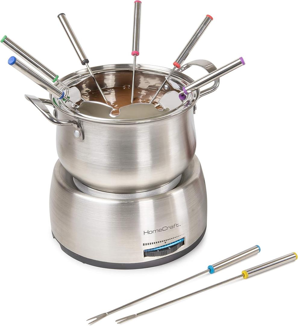 Nostalgia 8-Cup Electric Fondue Pot Set for Cheese & Chocolate - 8 Color-Coded Forks, Adjustable Temperature Control - Stylish Serving for Hors d'Oeuvres, Entrees, and Desserts - Stainless Steel