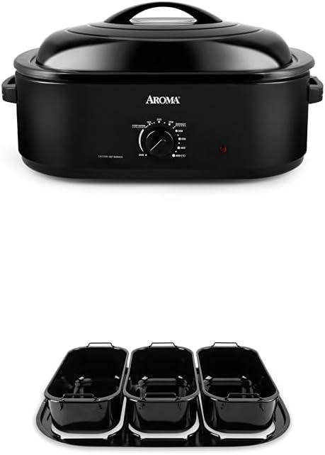 AROMA 18Qt. Roaster Oven and Buffet Tray Bundle - Perfect for Slow Roasting, Baking, and Serving | Includes 18Qt. Roaster Oven (ART-718B) and 3-Compartment Buffet Server (ART-002)