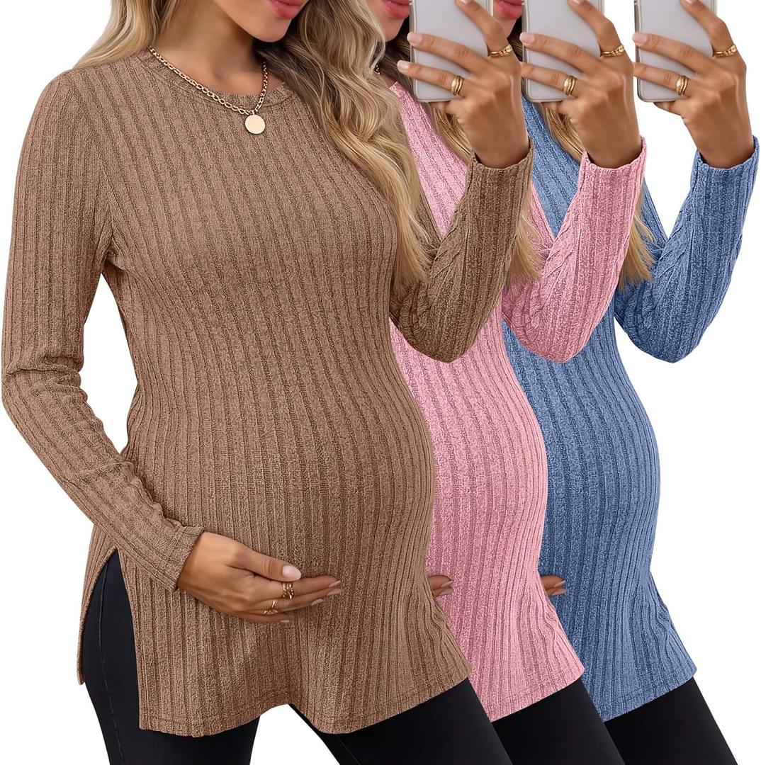 3 Pack Women's Maternity Shirts, Ribbed Long Sleeve Pregnancy Sweaters Knit Split Side Crew Neck Tunic Tees Tops (Large, Khaki, Light Pink, Sky Blue)