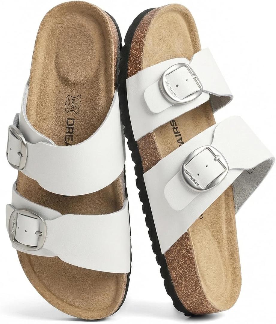 DREAM PAIRS Women's Slides Soft Genuine Footbed Sandals Comfortable Adjustable Double Buckle Slip-on Flat Sandals with Arch Support Frame Dual Slippers for Summer 2026, Size 7.5