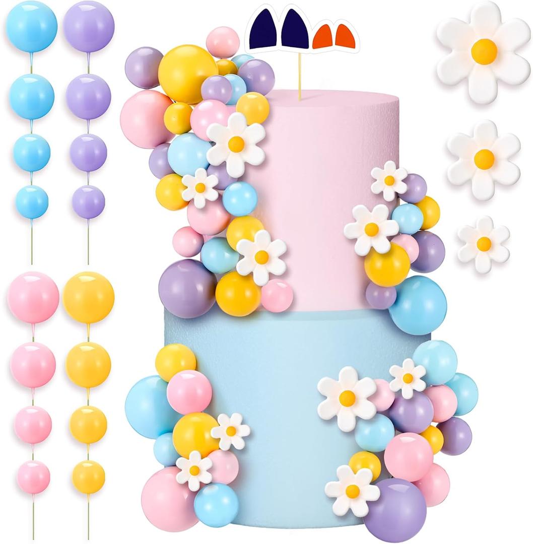 63 Pcs Blue Dog Cake Toppers with Balls Cake Picks and Flowers for Birthday Decoration Groovy Pastel Cupcake Inserts Hippie Wedding Party Supplies