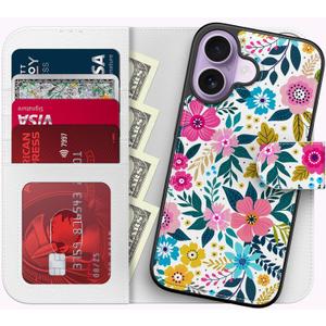 FUNMIKO for iPhone 17 Case Wallet,Detachable Flip Folio Leather Cover,RFID Blocking 4 Card Slots Holder,Magnetic Kickstand,Protective Phone Shell for Women Girls,Blooming Flowers