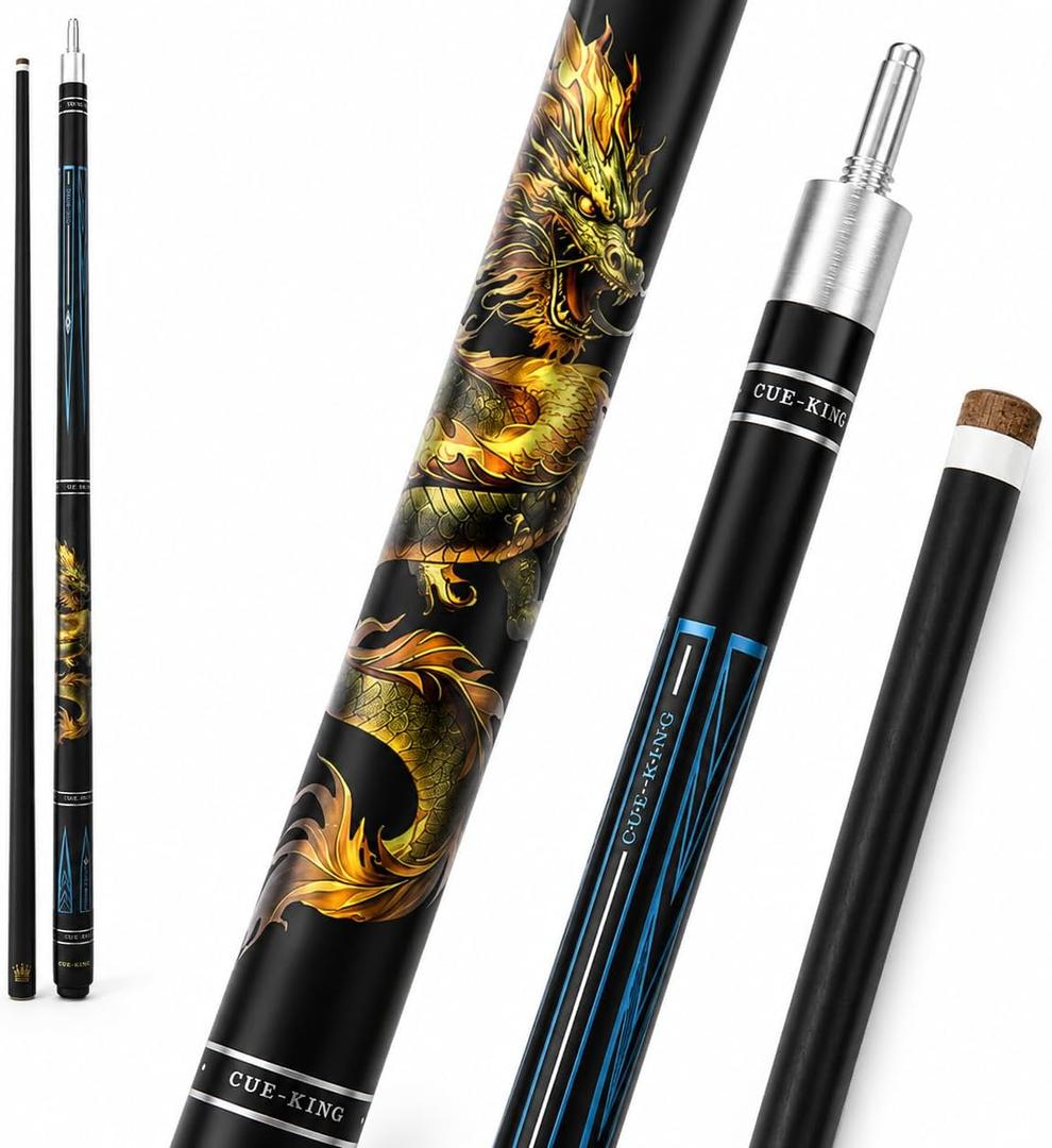 Cue-King Dragon Pool Cue, Solid Wood and Fibreglass, Stainless Steel Unilock Joint, Premium Grip, Golden Dragon Design, 10.5mm