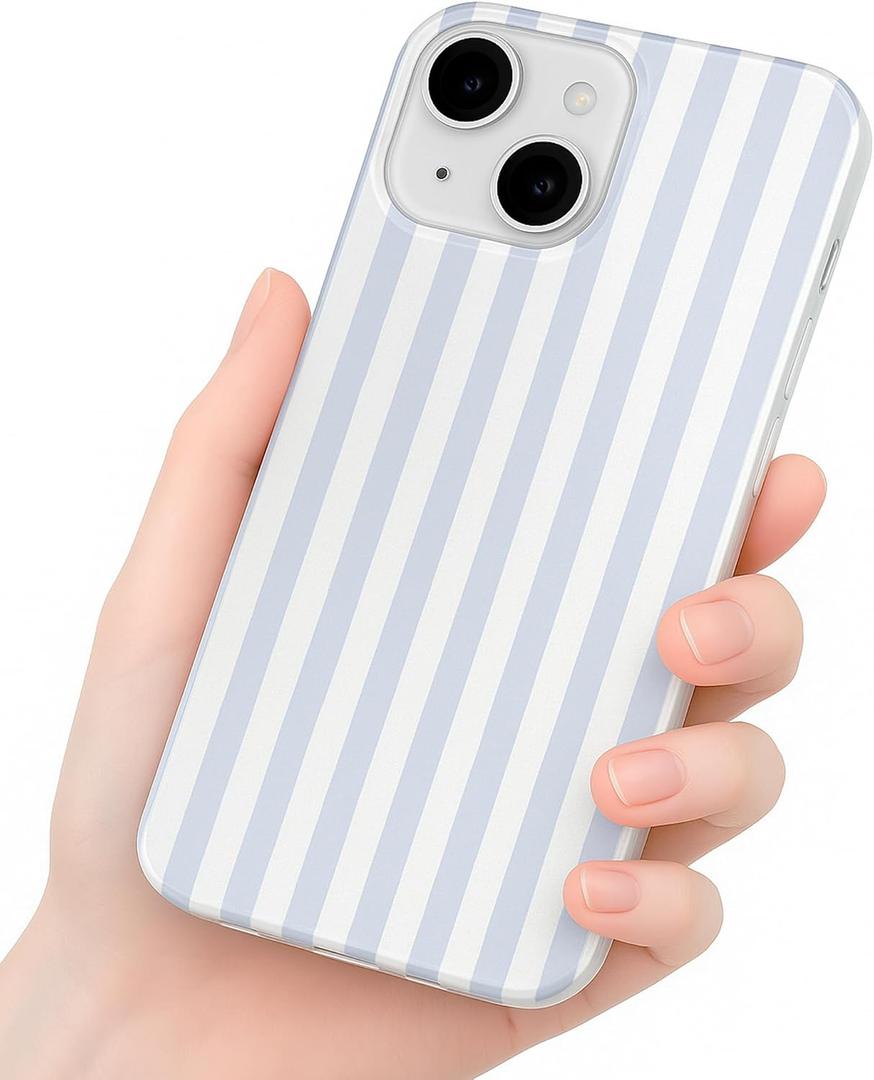 Compatible with iPhone 13 Case, with Aesthetics Striped Design Case for Women Girl, Cute Fashion Simple Soft TPU Slim Protection Phone Case for iPhone 13 6.1'' - Light Blue & White