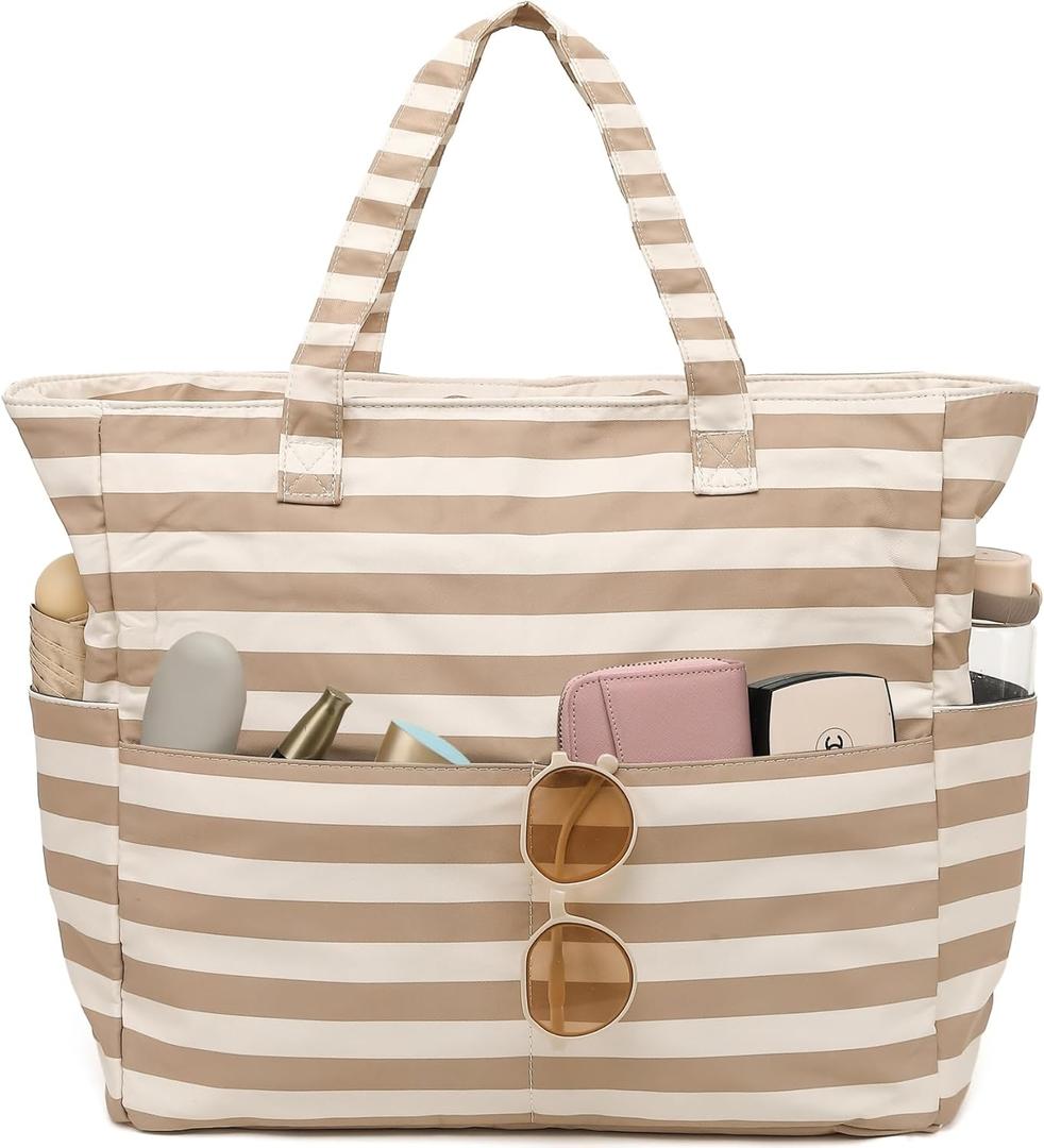 LEDAOU Large Beach Bag Women Waterproof Sandproof Zipper Beach Tote Pool Bag for Swim Gym Grocery Travel with Wet Pocket | Waterproof, Sandproof, Zipper, Pool, Gym, Grocery (1 Piece - F-light Brown Stripes)