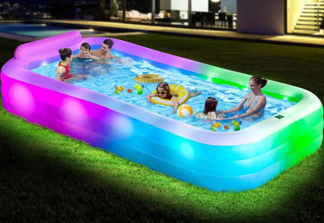 Large Inflatable Pool with Lights - 145'' X 74'' X 22'', Thickened 0.6mm Blow Up Pool with Seat Backrest, 7 Color Changes Oversized Swimming Pool for Family Backyard Party Summer(Pump Included)