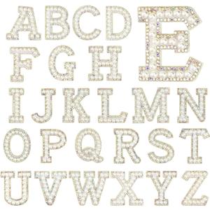 Iron On Patches for Clothing, Sparkly Rhinestones and Elegant Pearls A-Z Sew Decorative Letter Patch Glitter Alphabet Applique Rhinestone Pearl English DIY Craft Supplies-26 Letter 1.8inch Hight