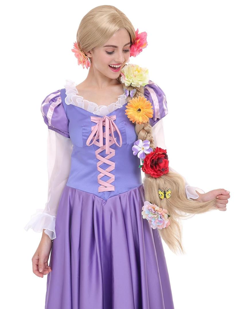 Angelaicos Womens 47 Inch Long Braids Blonde Costume Rapunzel Wig with 10pcs Flowers