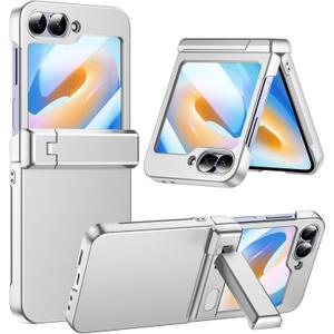 Temdan for Samsung Galaxy Z Flip 6 Case/Z Flip7 FE Case with [Built-in Front Screen Protector] [Kickstand][Hinge Protection][Hard PC] Ultra-Thin Shockproof Protective Phone Case-Silver