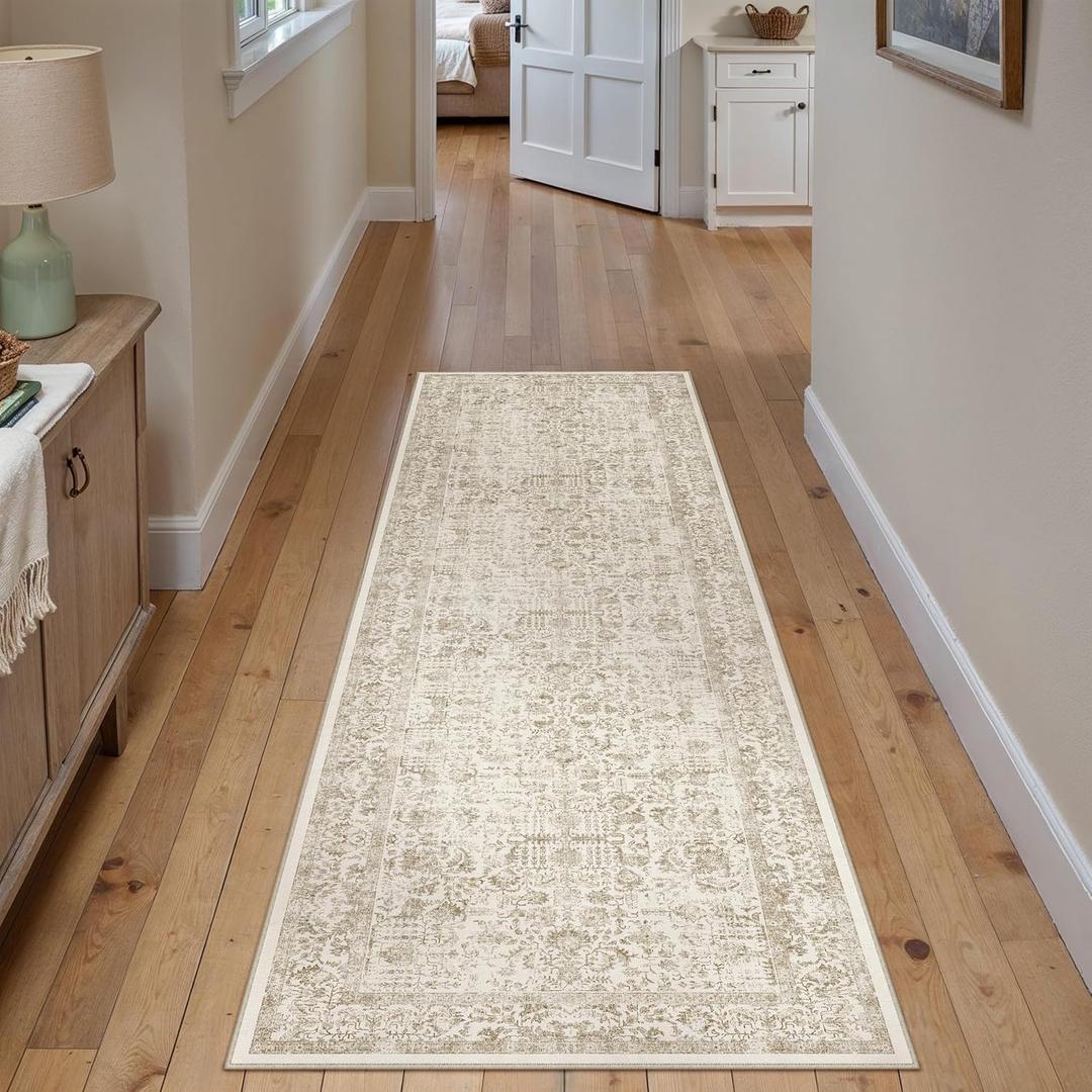 Light Brown Runner Rug 2'6"x8' Washable Carpet for Hallway Kitchen Vintage Distressed Non Slip Indoor Retro Floral Bedroom Accent Throw Long Rug Bathroom Office Laundry Dining Living Room