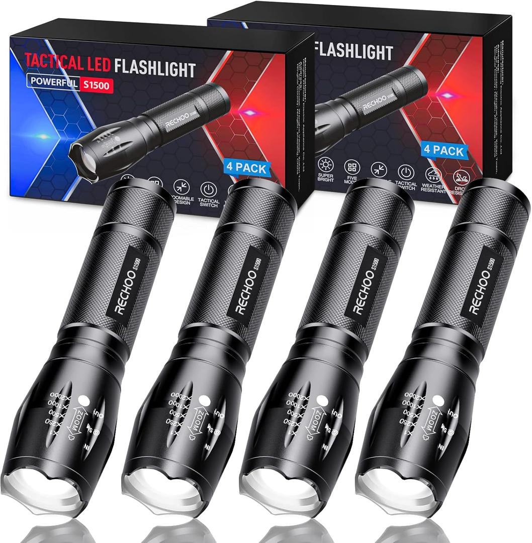 RECHOO Tactical Flashlight 4 Pack, Bright Zoomable LED Flashlight with High Lumens and 5 Modes, Waterproof Portable Pocket Flash Light for Emergency, Camping, and Outdoor Use - S1500
